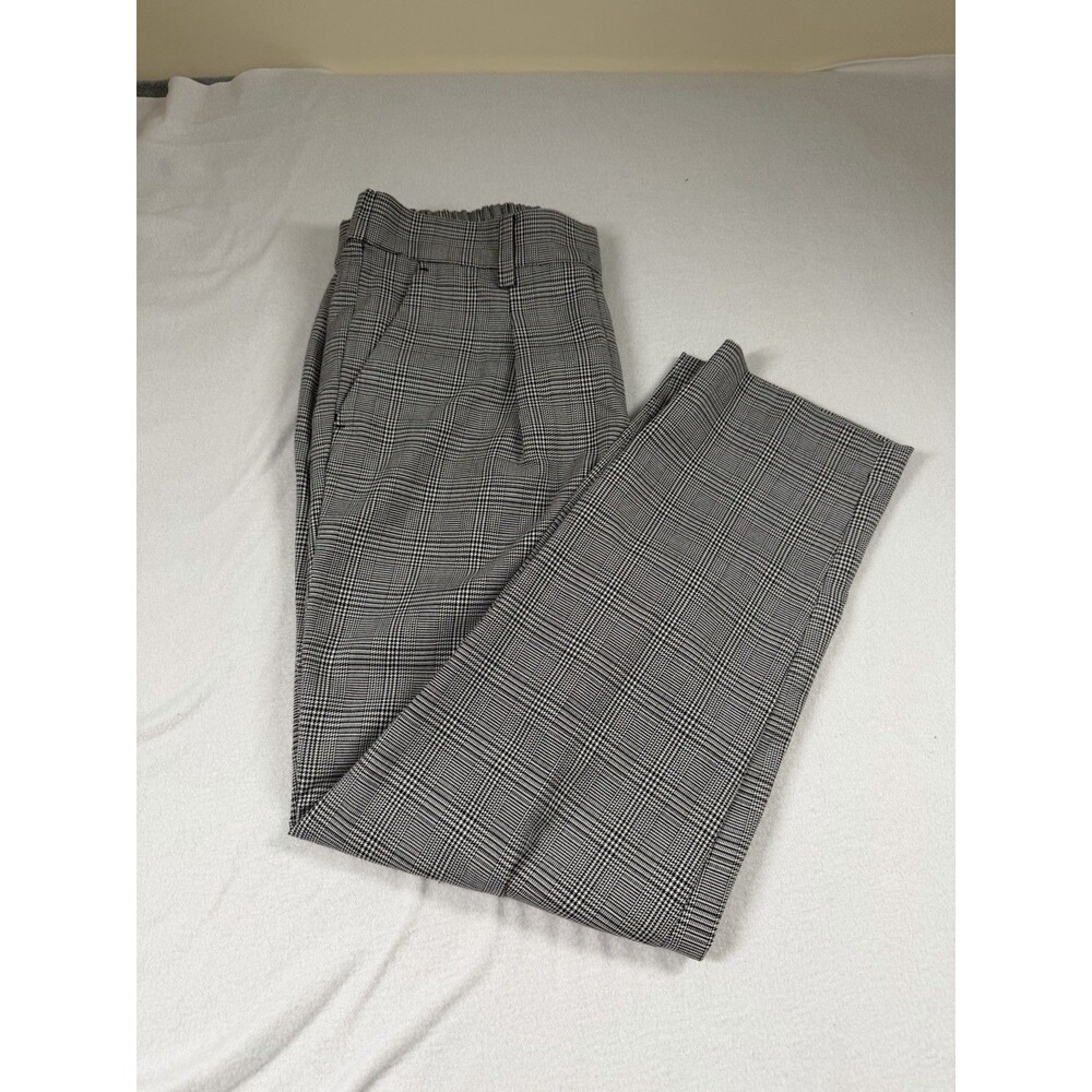 LOFT Womens Dress Pants Size M Black White Plaid Pleated Straight Leg Pocket 494